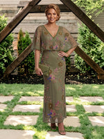 Tulle Column V Neck Ankle Length Cape Sleeves Mother of the Bride Dresses