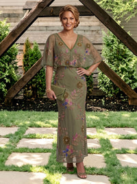 Tulle Column V Neck Ankle Length Cape Sleeves Mother of the Bride Dresses