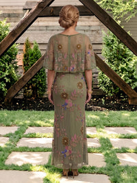 Tulle Column V Neck Ankle Length Cape Sleeves Mother of the Bride Dresses