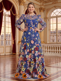 3D Flowers Tulle A Line Scoop Neck Floor Length Long Sleeves Mother of the Bride Dresses