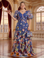 3D Flowers Tulle A Line Floor Length Puff Sleeves Mother of the Bride Dresses