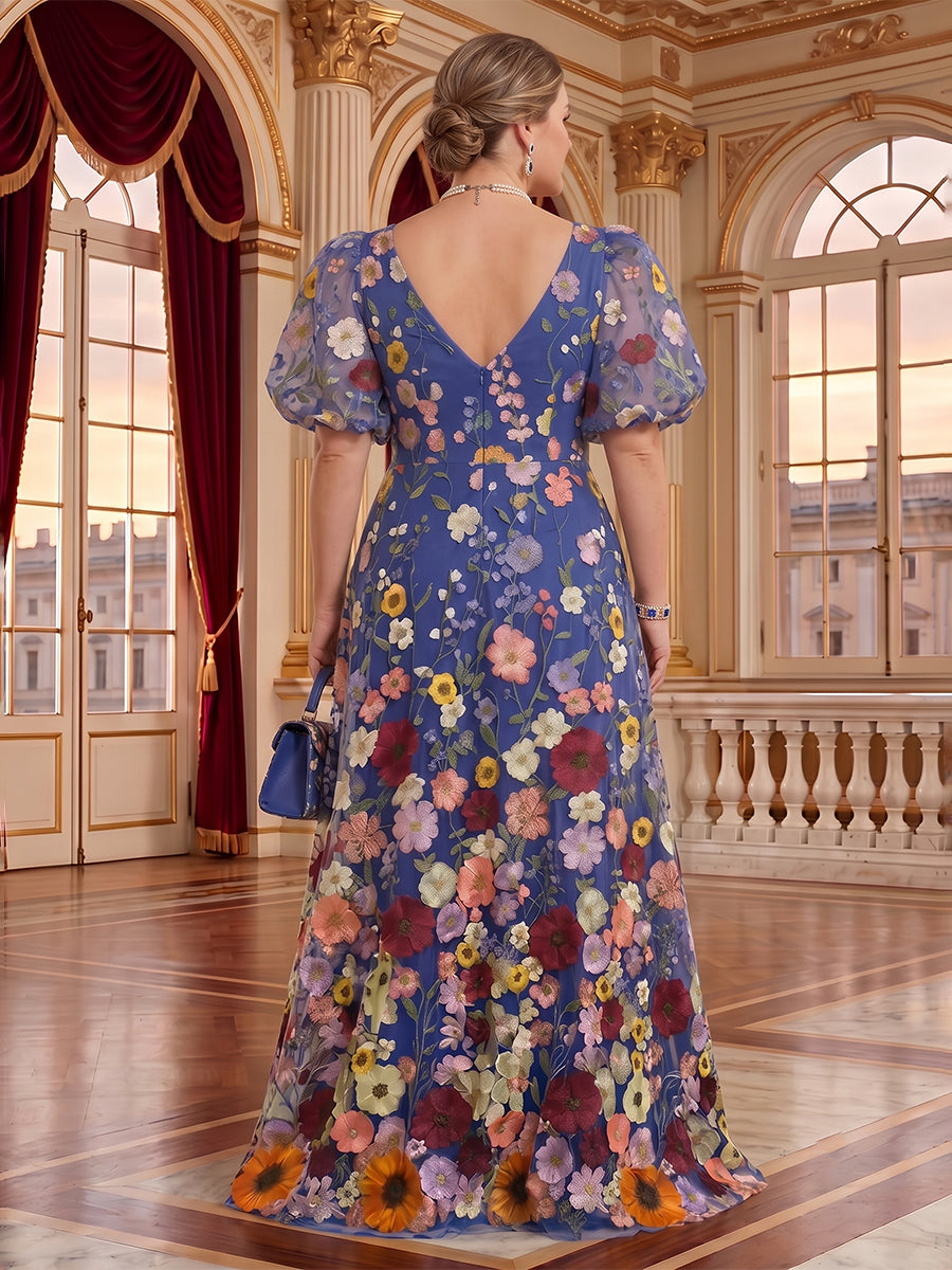 3D Flowers Tulle A Line Floor Length Puff Sleeves Mother of the Bride Dresses
