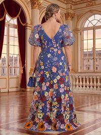 3D Flowers Tulle A Line Floor Length Puff Sleeves Mother of the Bride Dresses