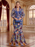 3D Flowers Tulle Mermaid High Neck Floor Length Long Sleeves Mother of the Bride Dresses