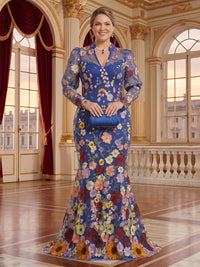 3D Flowers Tulle Mermaid High Neck Floor Length Long Sleeves Mother of the Bride Dresses