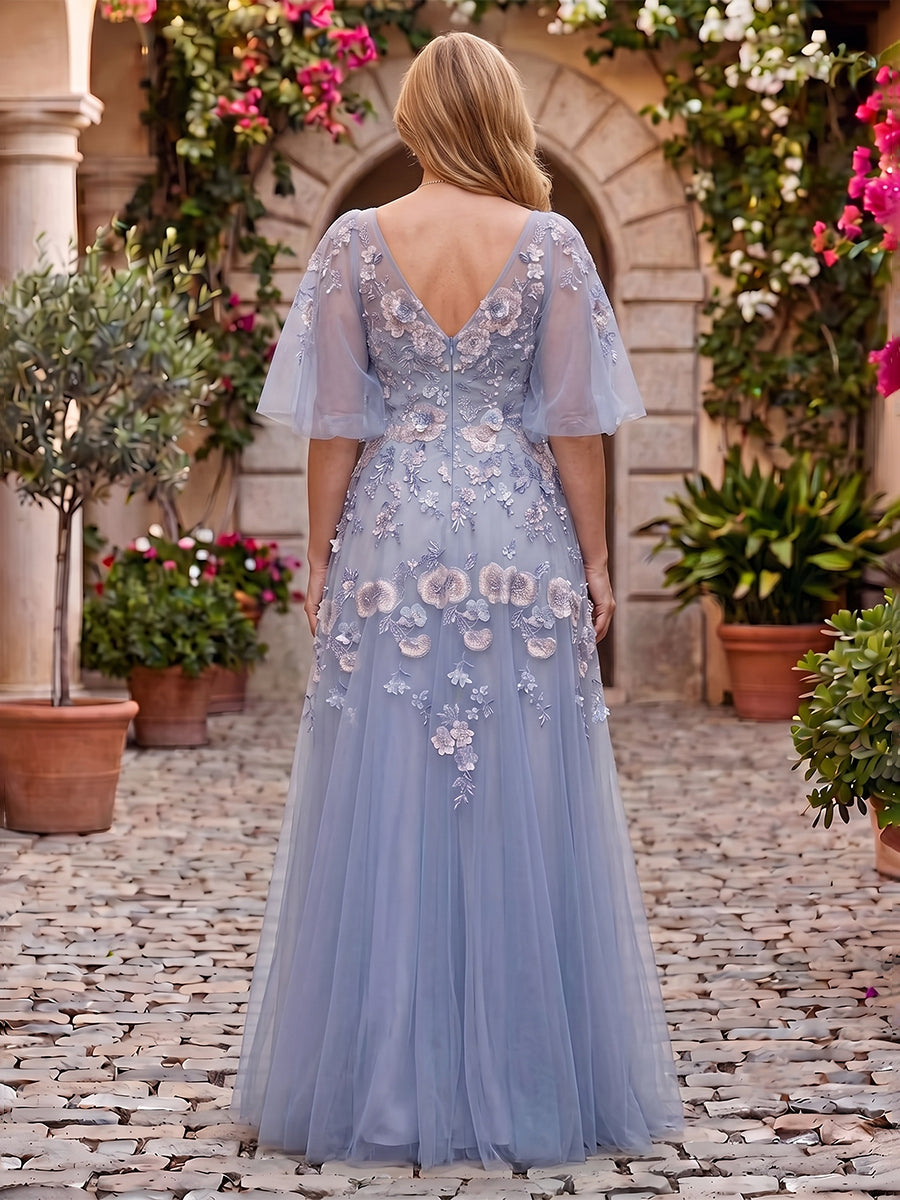 Embroidered Tulle A Line V Neck Floor Length Flutter Sleeves Mother of the Bride Dresses