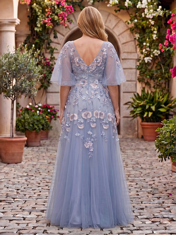 Embroidered Tulle A Line V Neck Floor Length Flutter Sleeves Mother of the Bride Dresses