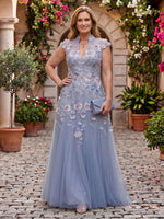 Embroidered Tulle A Line High Neck Floor Length Cap Sleeves Mother of the Bride Dresses