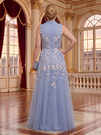 Embroidered Tulle A Line High Neck Floor Length Sleeveless Mother of the Bride Dresses