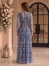 Embroidered Tulle A Line High Neck Floor Length Long Sleeves Mother of the Bride Dresses