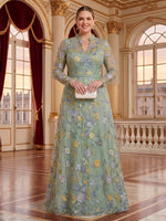 Embroidered Tulle A Line High Neck Floor Length Long Sleeves Mother of the Bride Dresses