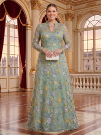 Embroidered Tulle A Line High Neck Floor Length Long Sleeves Mother of the Bride Dresses