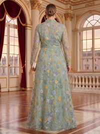 Embroidered Tulle A Line High Neck Floor Length Long Sleeves Mother of the Bride Dresses