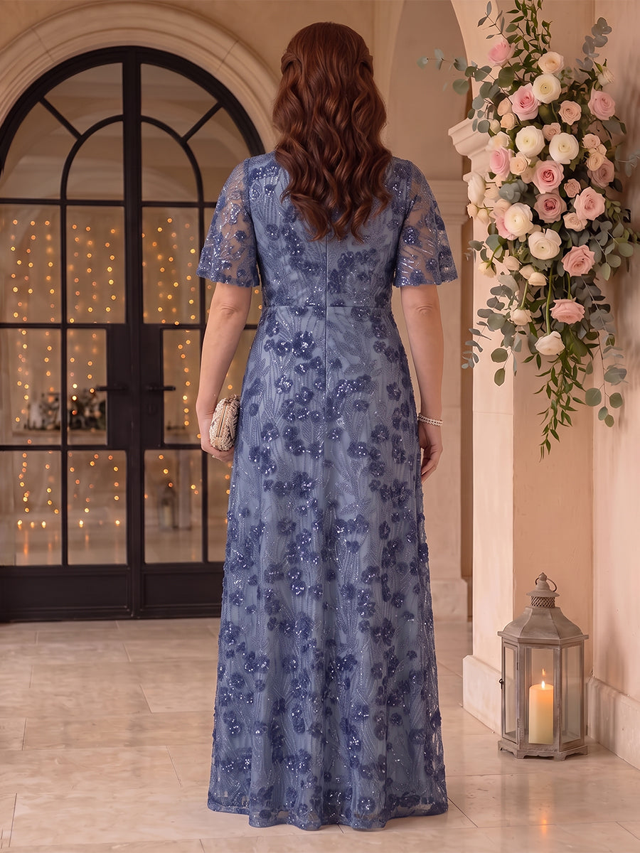 Sequin A Line V Neck Floor Length Flutter Sleeves Mother of the Bride Dresses