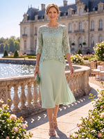 Chiffon 2 Pieces Tea Length Scoop Neck 3/4 Sleeves Mother of the Bride Dresses