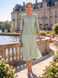 Chiffon 2 Pieces Tea Length Scoop Neck 3/4 Sleeves Mother of the Bride Dresses