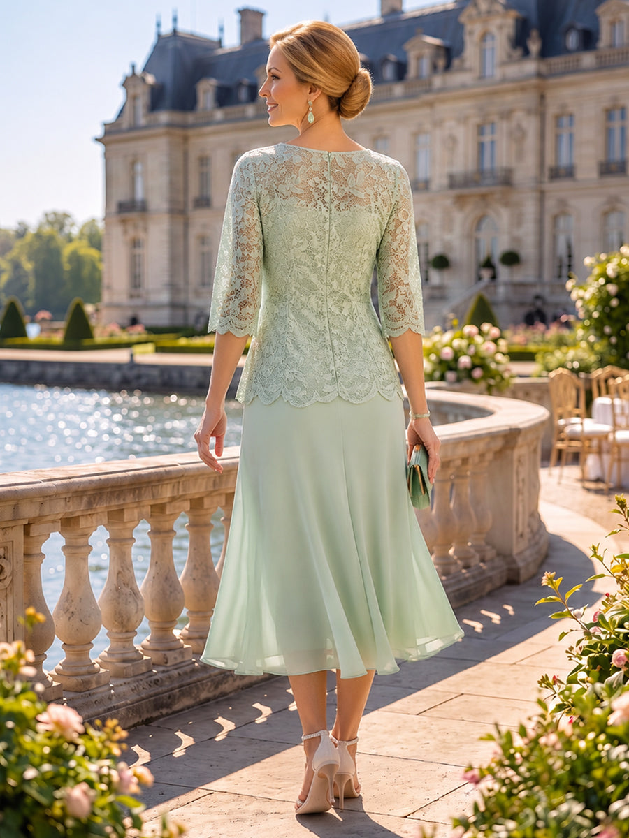 Chiffon 2 Pieces Tea Length Scoop Neck 3/4 Sleeves Mother of the Bride Dresses