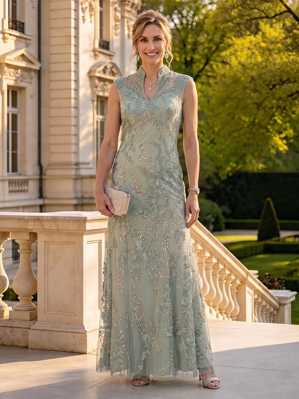 Sequin Column High Neck Floor Length Sleeveless Mother of the Bride Dresses