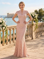 Lace Mermaid High Neck Floor Length Cap Sleeves Mother of the Bride Dresses