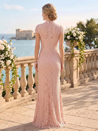 Lace Mermaid High Neck Floor Length Cap Sleeves Mother of the Bride Dresses