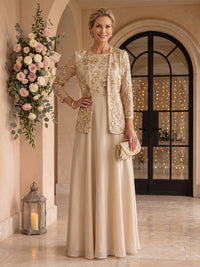 Chiffon A Line 2 Pieces Floor Length 3/4 Sleeves Mother of the Bride Dresses