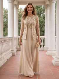 Chiffon A Line 2 Pieces Floor Length 3/4 Sleeves Mother of the Bride Dresses