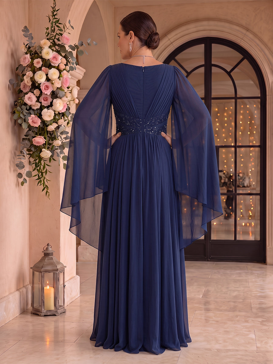 Chiffon A Line V Neck Floor Length Cape Sleeves Mother of the Bride Dresses