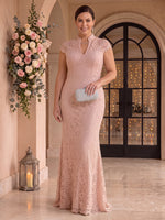 Plus Size Lace Mermaid High Neck Floor Length Cap Sleeves Mother of the Bride Dresses