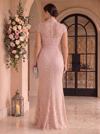 Plus Size Lace Mermaid High Neck Floor Length Cap Sleeves Mother of the Bride Dresses