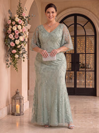 Plus Size Sequin A Line V Neck Floor Length Flutter Sleeves Mother of the Bride Dresses