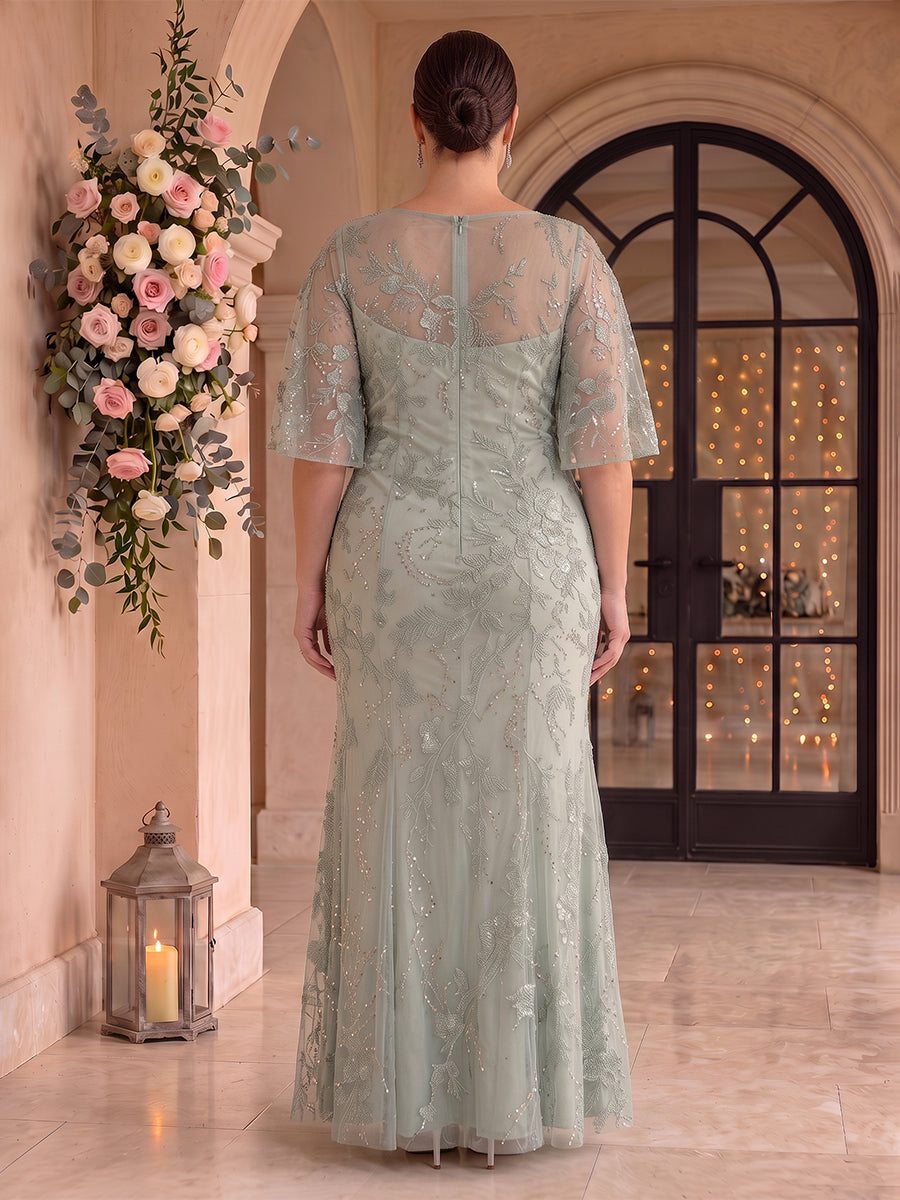Plus Size Sequin A Line V Neck Floor Length Flutter Sleeves Mother of the Bride Dresses