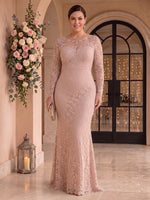 Plus Size Lace Mermaid Scoop Neck Floor Length Long Sleeves Mother of the Bride Dresses