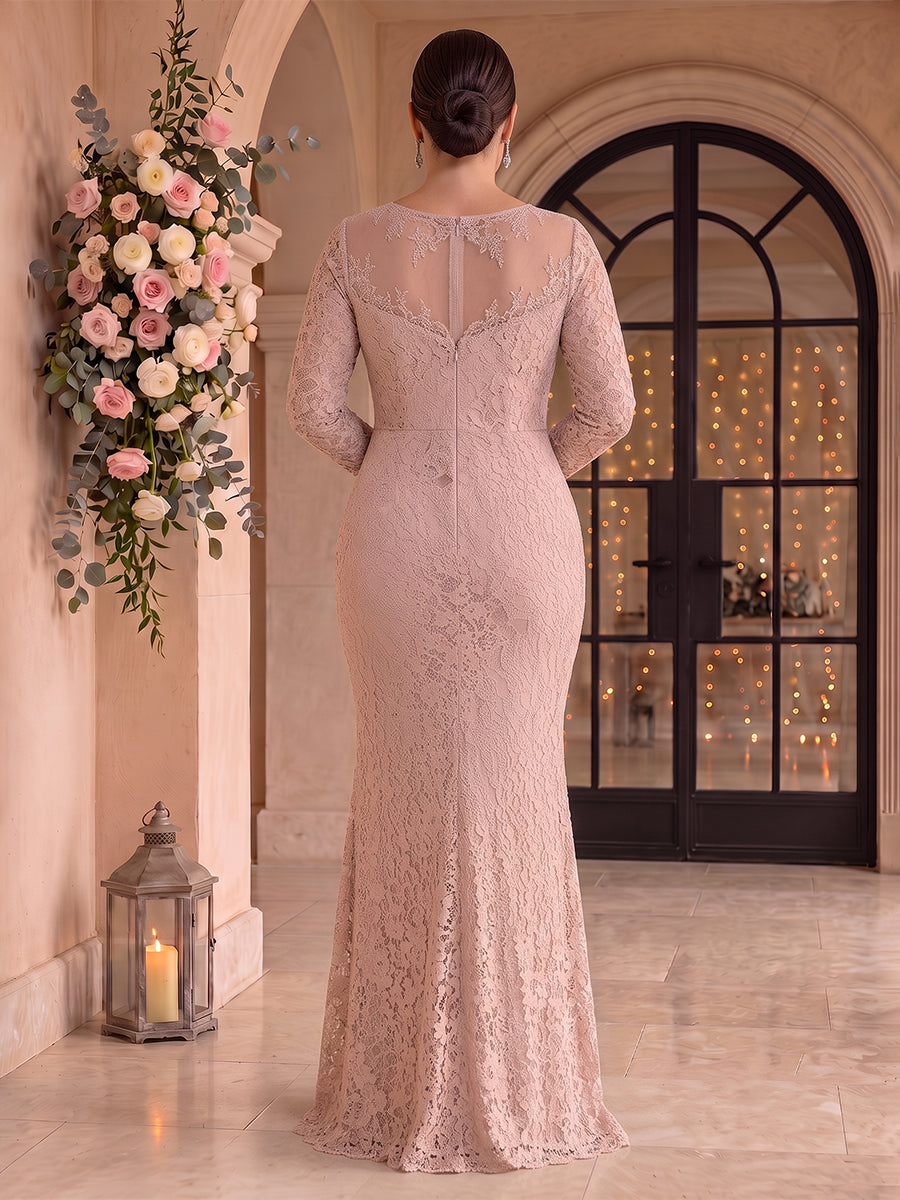 Plus Size Lace Mermaid Scoop Neck Floor Length Long Sleeves Mother of the Bride Dresses