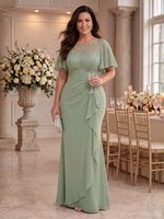 Chiffon Sheath Scoop Neck Floor Length Flutter Sleeves Ruffles Mother of the Bride Dresses