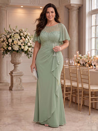 Chiffon Sheath Scoop Neck Floor Length Flutter Sleeves Ruffles Mother of the Bride Dresses