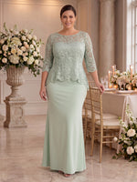 2 Pieces Chiffon Sheath Scoop Neck Floor Length 3/4 Sleeves Mother of the Bride Dresses