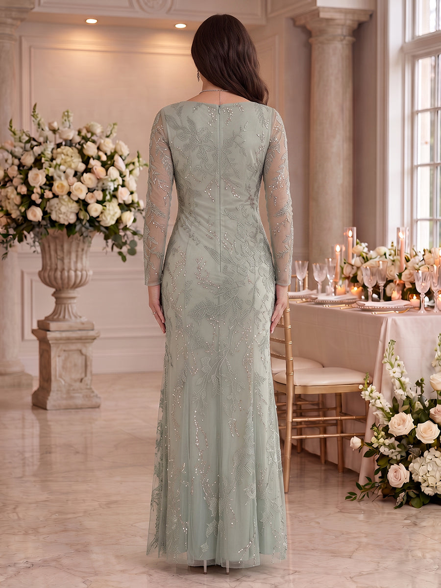 Lace Sheath V Neck Floor Length Long Sleeves Mother of the Bride Dresses