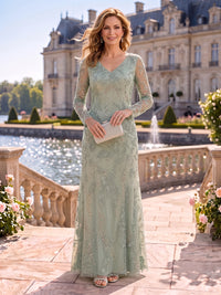 Sequin Column V Neck Floor Length Long Sleeves Mother of the Bride Dresses