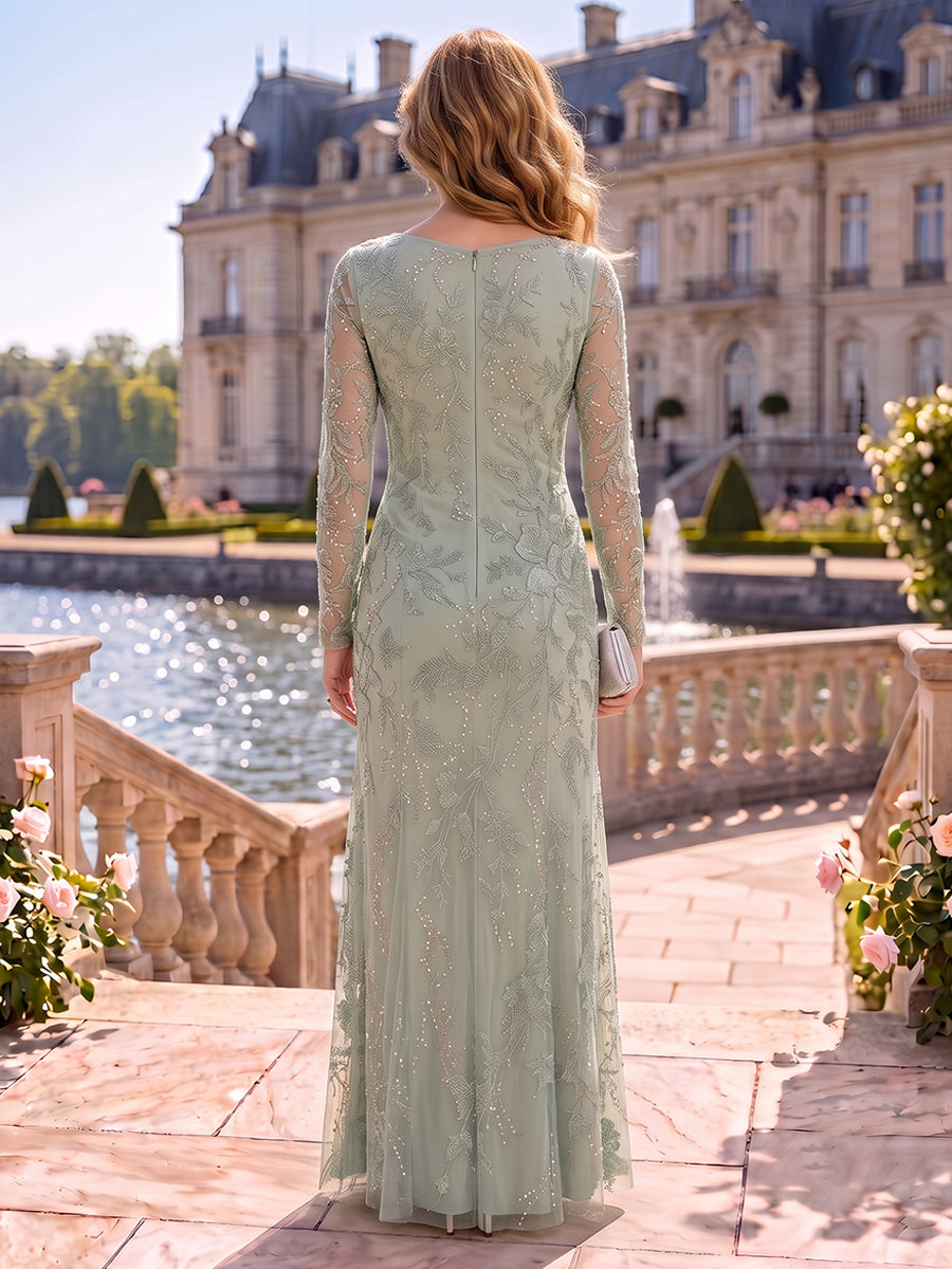 Sequin Column V Neck Floor Length Long Sleeves Mother of the Bride Dresses