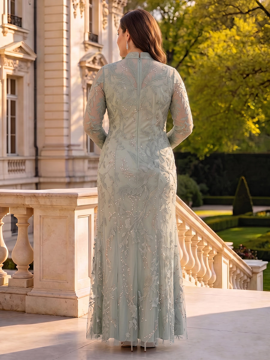 Plus Size Sequin Mermaid High Neck Floor Length Long Sleeves Mother of the Bride Dresses