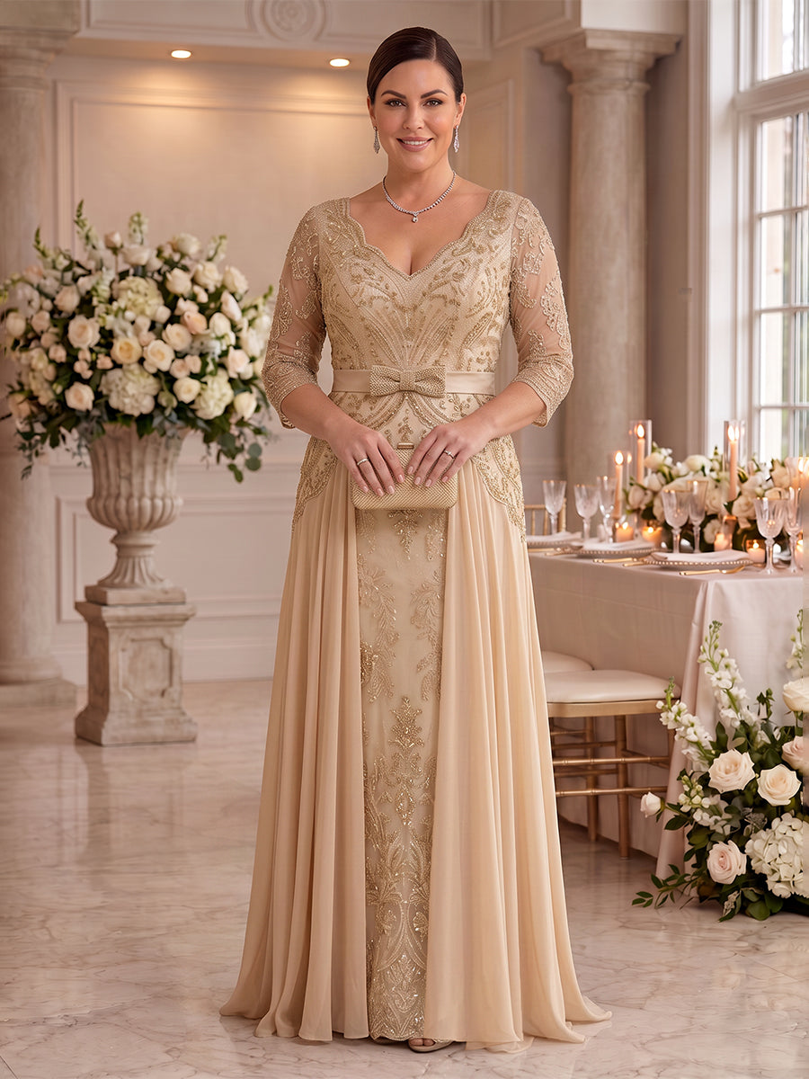 Plus Size Chiffon A Line V Neck Floor Length 3/4 Sleeves Mother of the Bride Dresses with Bow