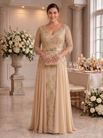 Plus Size Chiffon A Line V Neck Floor Length 3/4 Sleeves Mother of the Bride Dresses with Bow