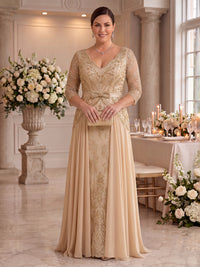 Plus Size Chiffon A Line V Neck Floor Length 3/4 Sleeves Mother of the Bride Dresses with Bow
