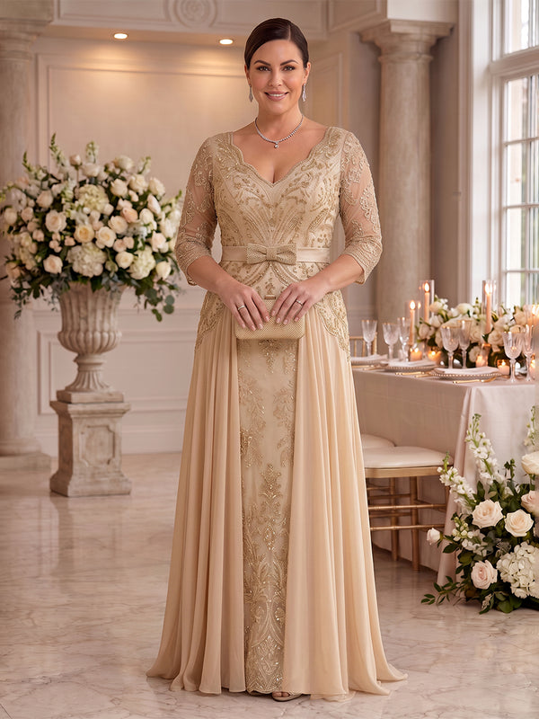 Plus Size Chiffon A Line V Neck Floor Length 3/4 Sleeves Mother of the Bride Dresses with Bow