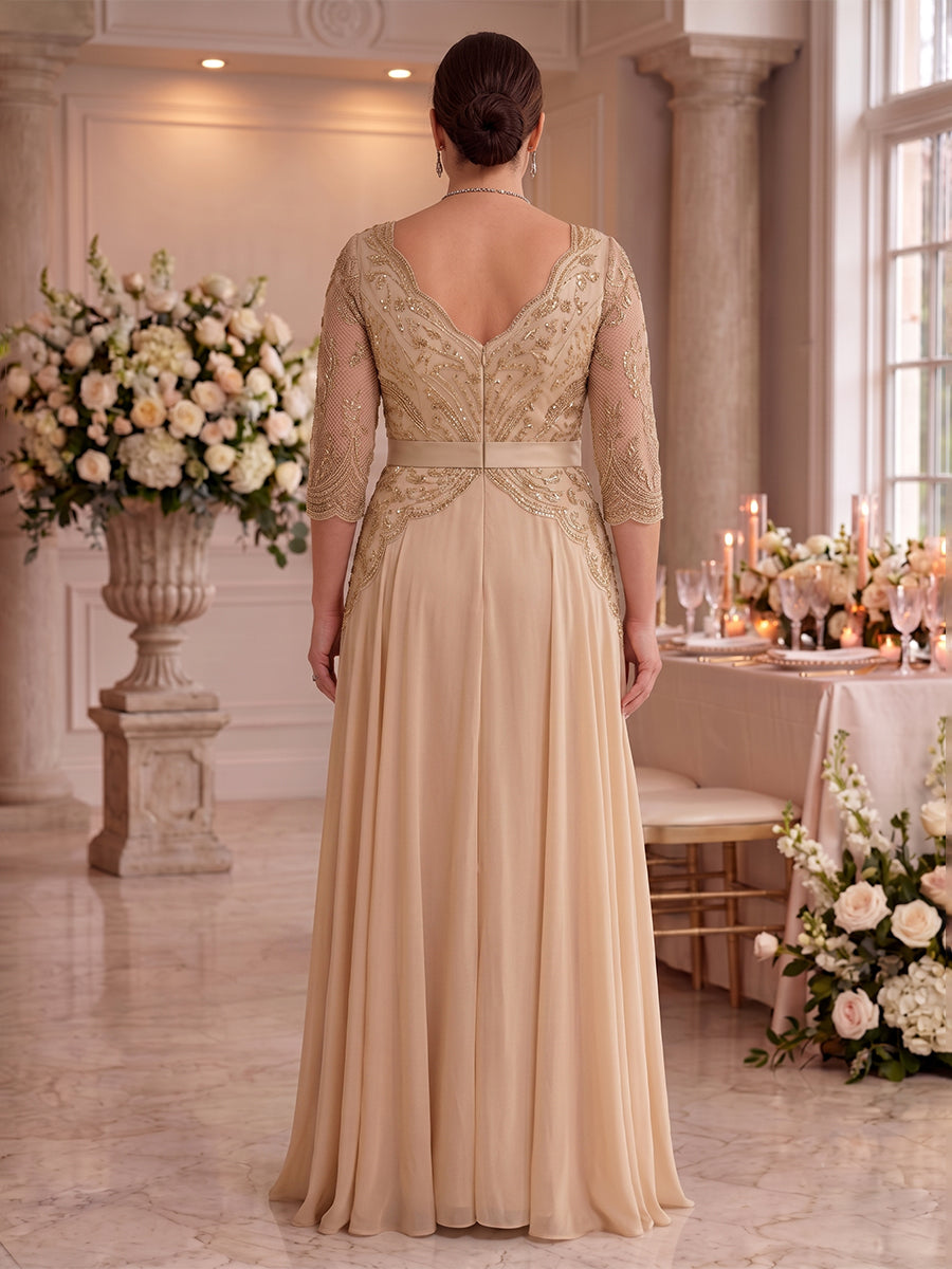 Plus Size Chiffon A Line V Neck Floor Length 3/4 Sleeves Mother of the Bride Dresses with Bow