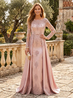 Satin Mother of the Bride/Groom Dresses A Line Scoop Neck Long Sleeves Floor Length Lace Appliques