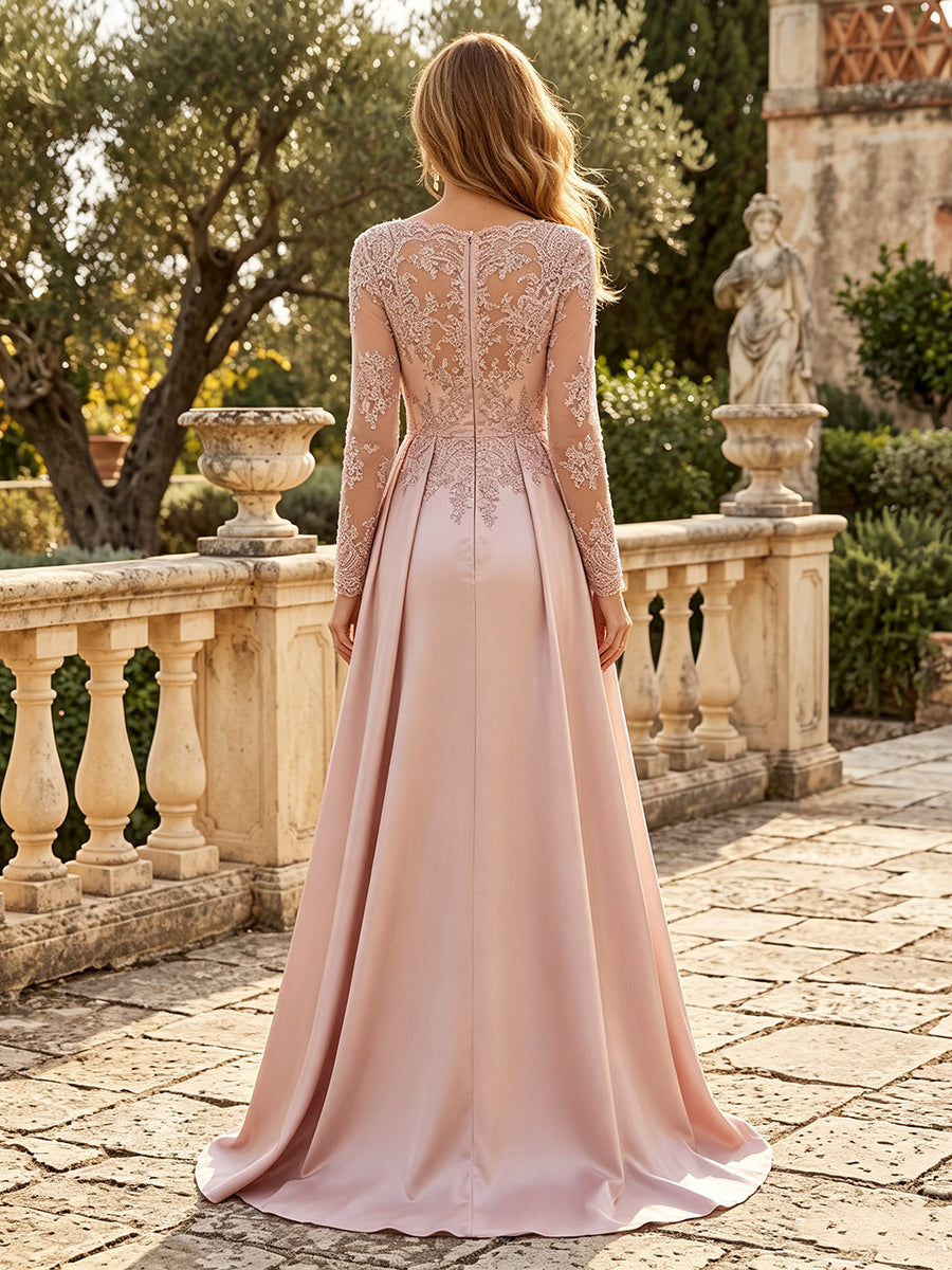 Satin Mother of the Bride/Groom Dresses A Line Scoop Neck Long Sleeves Floor Length Lace Appliques