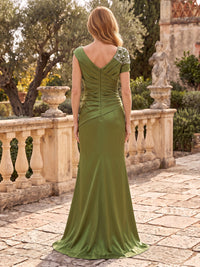Satin Mother of the Bride/Groom Dresses Sheath Scoop Neck Cap Sleeves Floor Length Ruched