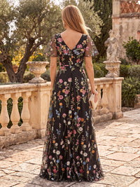 Tulle Mother of the Bride/Groom Dresses A Line V Neck Flutter Sleeves Floor Length Embroidery