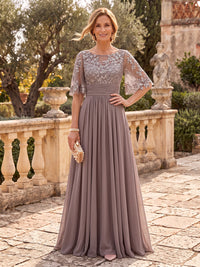 Chiffon Mother of the Bride/Groom Dresses A Line Boat Neck Flutter Sleeves Floor Length Lace Appliques